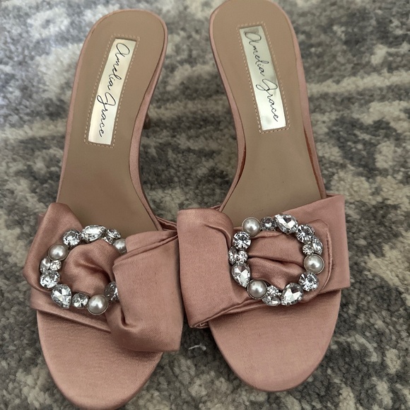 Amelia Grace Pink Satin Kitten Heel Slides with Rhinestone & Pearl Buckle - Picture 1 of 3